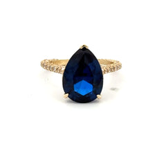 Ring Women CZ-Iced Band Royal Blue Teardrop Stone 6.5 1.5mm 10K