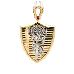 Pendant Rose-Eyed Dragon & Sword on Shield Two-Tone 48 10K