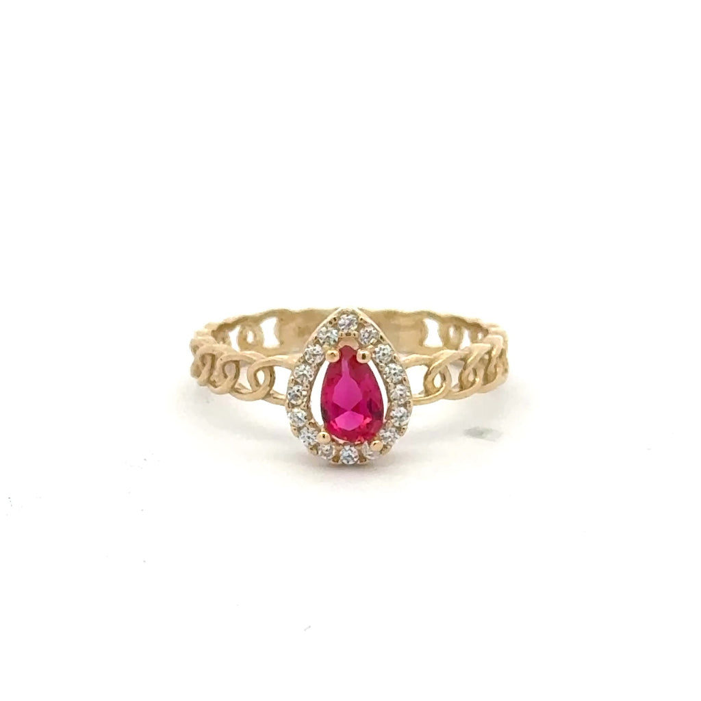 Ring Link Band Wine Teardrop Stone and CZ 7 2.5mm 10K