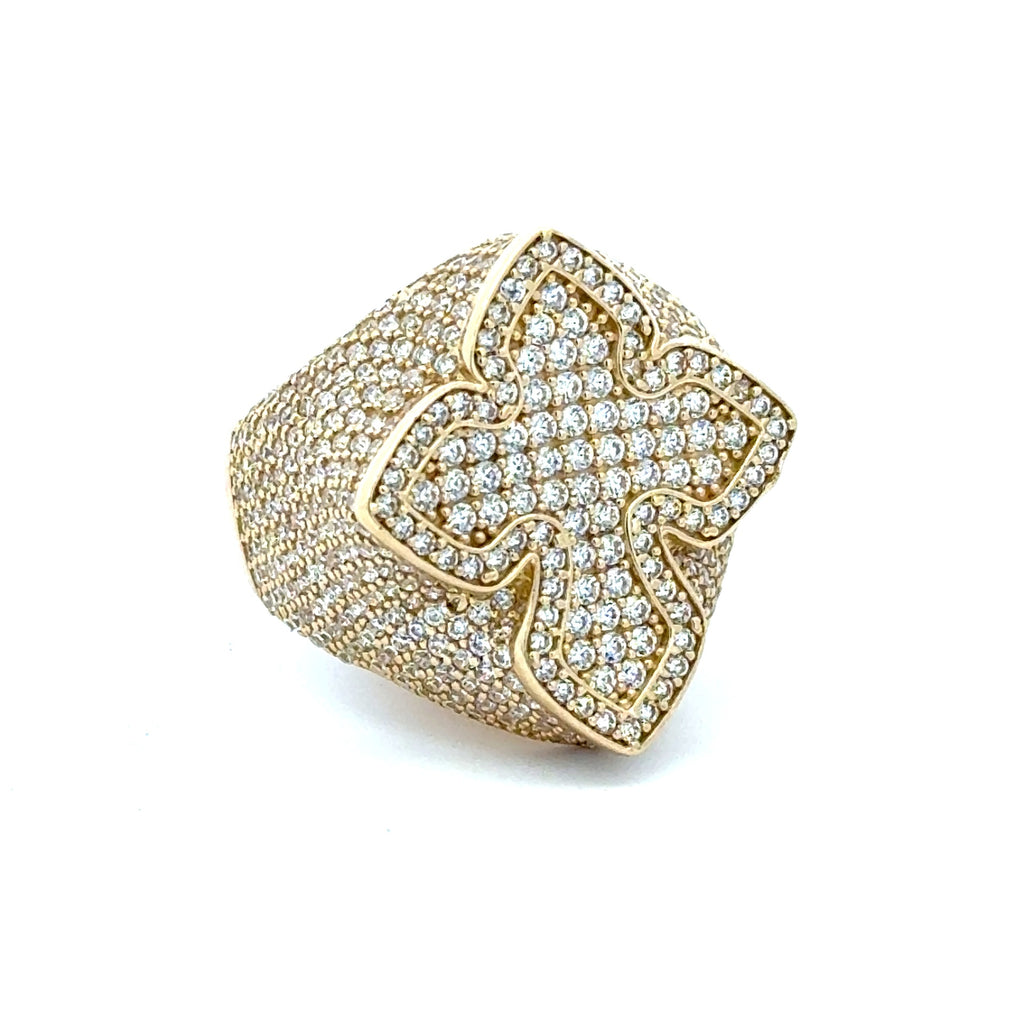 Ring CZ-Iced Big Trefoil Cross 11.5 4mm 10K