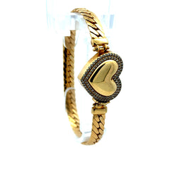 Bracelet Flat Herringbone with CZ-Sided Heart Lock 21mm 7.5" 10K