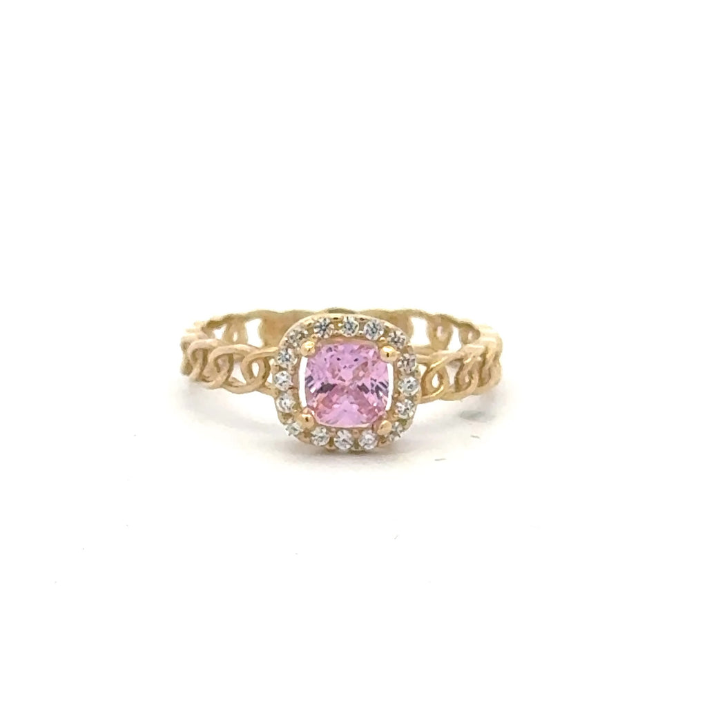 Ring Link Band Rose Square Stone and CZ 7 2.5mm 10K