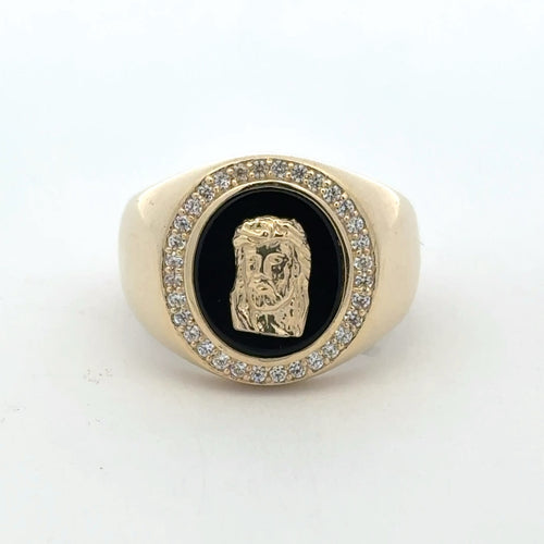 Ring Face of Jesus on Onyx & CZ 11 5mm 10K