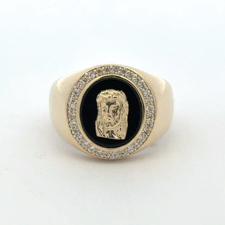 Ring Face of Jesus on Onyx & CZ 11 5mm 10K