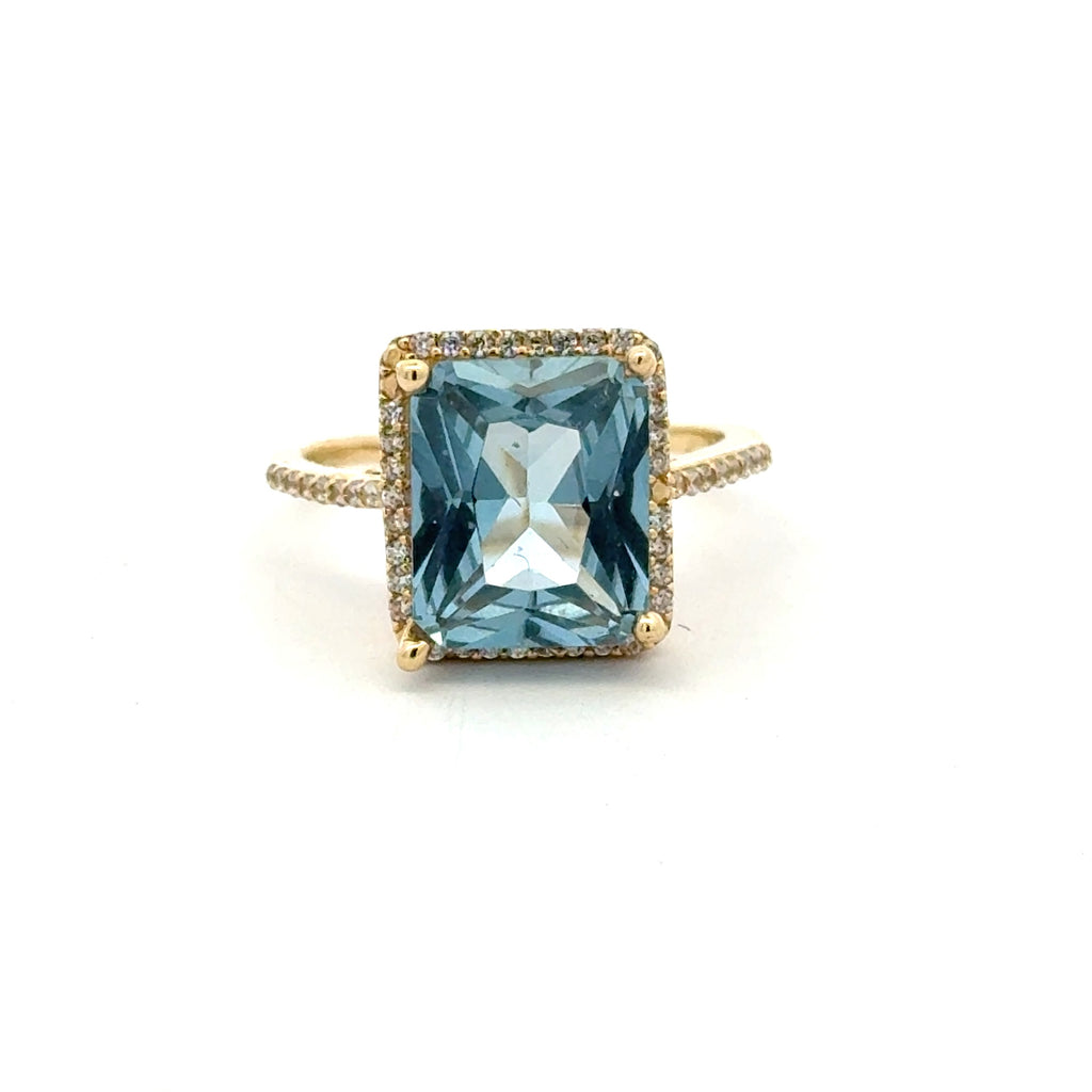 Ring Women Sky Blue Rect Stone and CZ 7 1.5mm 10K