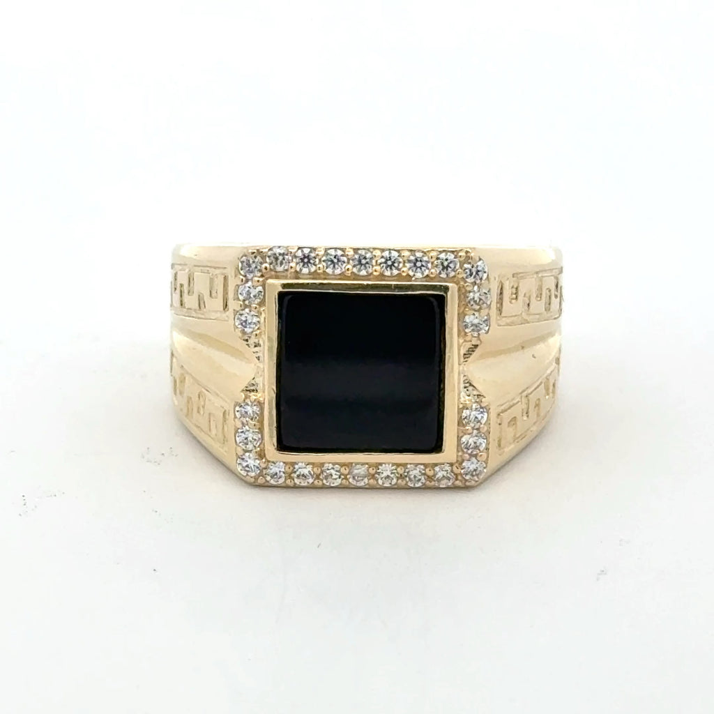 Ring Greek Key V-Pattern with Dollar Sign on Onyx & CZ 11 5.5mm 10K