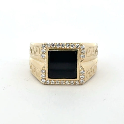 Ring Greek Key V-Pattern with Onyx & CZ 11 5.5mm 10K