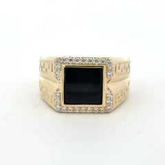 Ring Greek Key V-Pattern with Dollar Sign on Onyx & CZ 11 5.5mm 10K