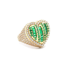 Ring CZ-Iced with Green Baguette Stones in Big Puff Heart 7.5 3.5mm 10K