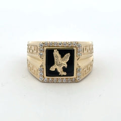 Ring Greek Key V-Pattern with Eagle on Onyx & CZ 11 5.5mm 10K