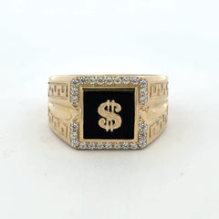 Ring Greek Key V-Pattern with Dollar Sign on Onyx & CZ 11 5.5mm 10K