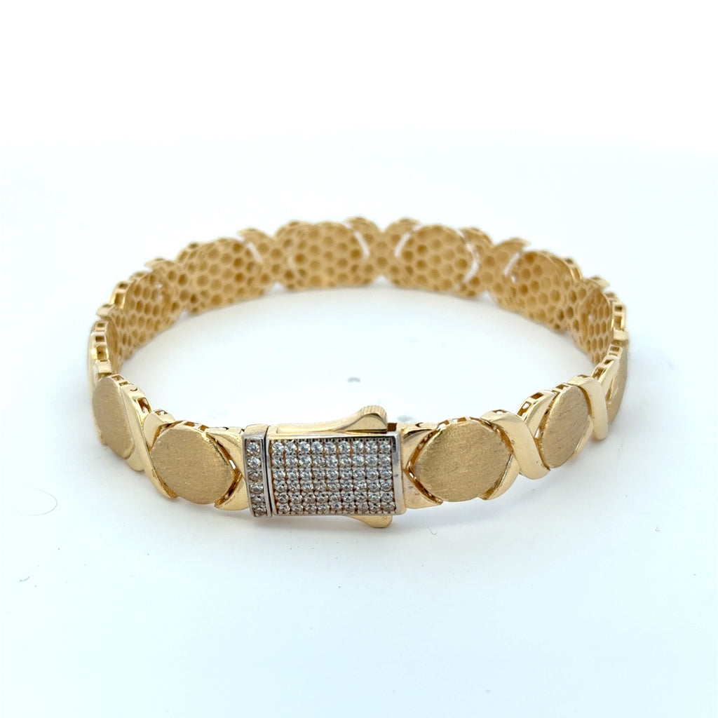 Bracelet Textured X&O with CZ-Iced Sleek Lock 9.5mm 7.5" 14K