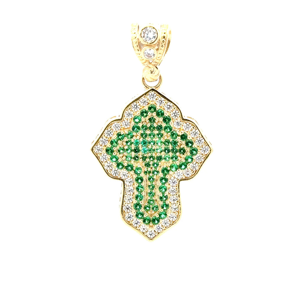 Pendant CZ-Iced Trefoil Green Stepped Angular Cross 42 10K