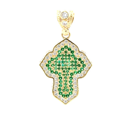 Pendant CZ-Iced Trefoil Green Stepped Angular Cross 42 10K