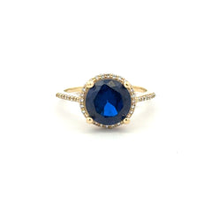 Ring Women Royal Blue Round Stone and CZ 7 1.5mm 10K