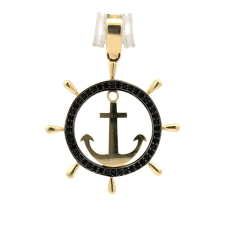 Pendant Ship’s Wheel with Black CZ & Anchor 36.5 10K