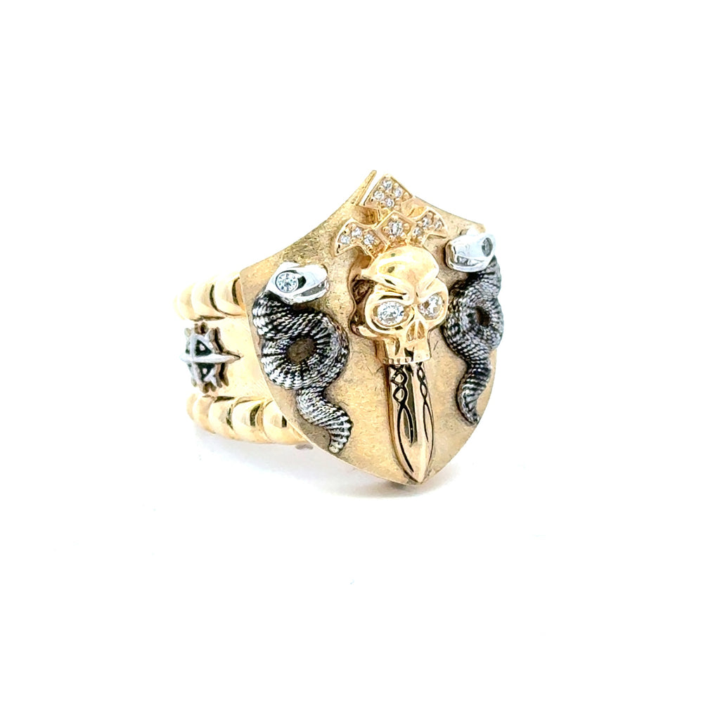 Ring Snakes & Skull Sword Shield with CZ 12.5 8.5mm 10K