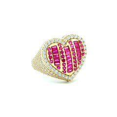 Ring CZ-Iced with Pink Baguette Stones in Big Puff Heart 9 3.5mm 10K