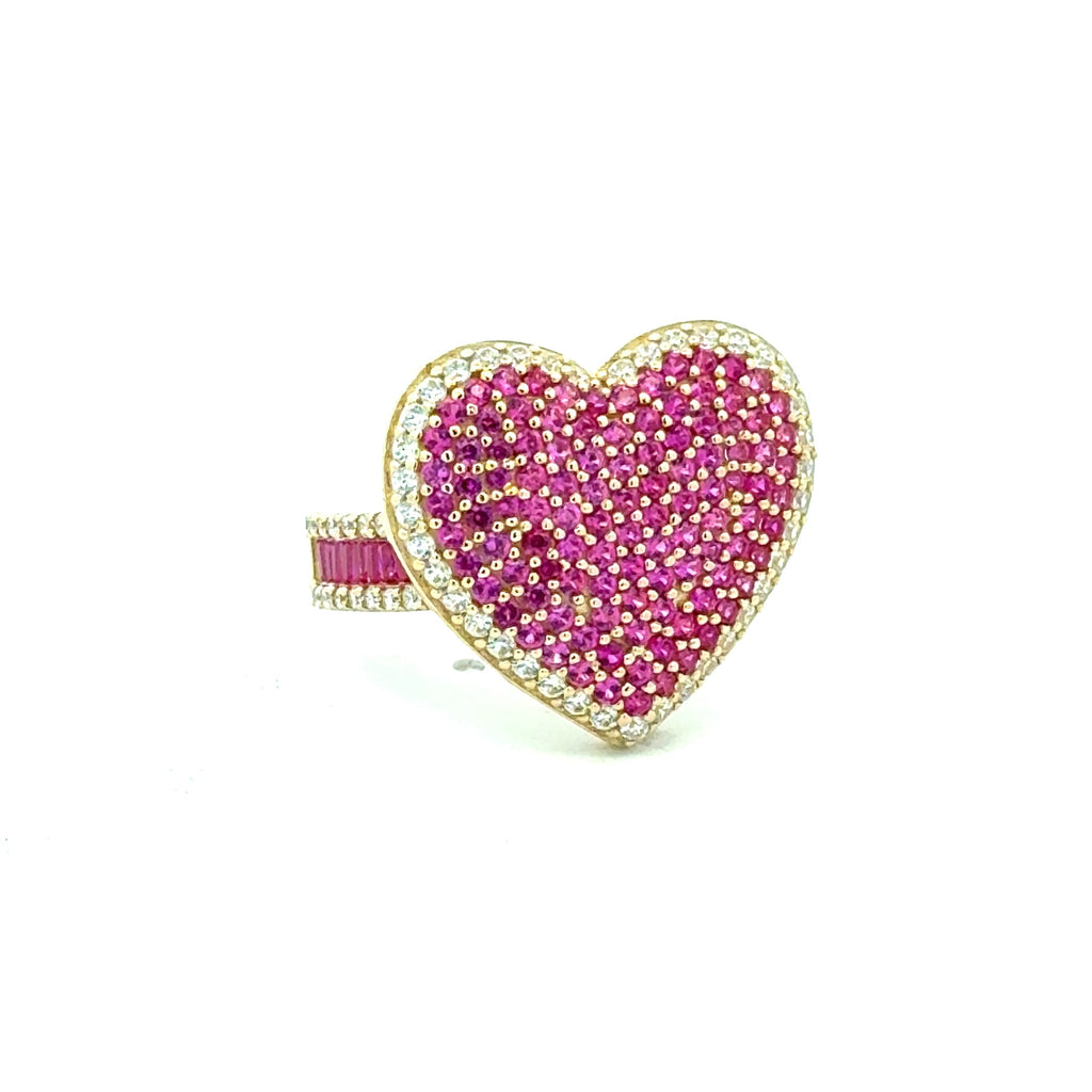 Ring Band with CZ-Iced Big Pink Heart 9.5 3.5mm 10K