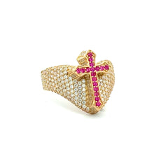 Ring CZ-Iced Shield Pink Cross 11 4mm 10K