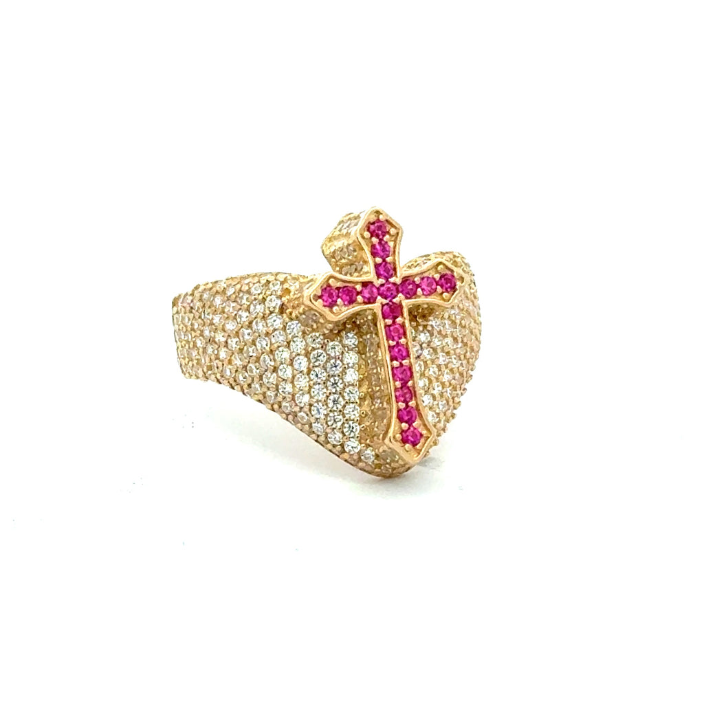 Ring CZ-Iced Shield Pink Cross 9 4mm 10K