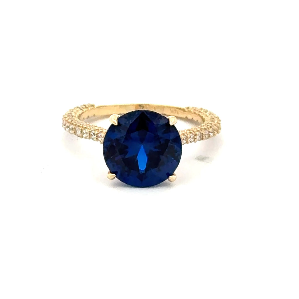 Ring Women CZ-Iced Band Royal Blue Round Stone 6.5 1.5mm 10K