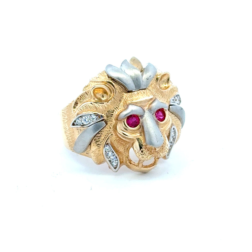 Ring Two Tone Red Eye Lion with CZ 12 5.5mm 10K