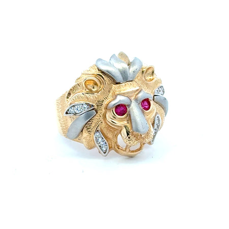 Ring Two Tone Red Eye Lion with CZ 12 5.5mm 10K