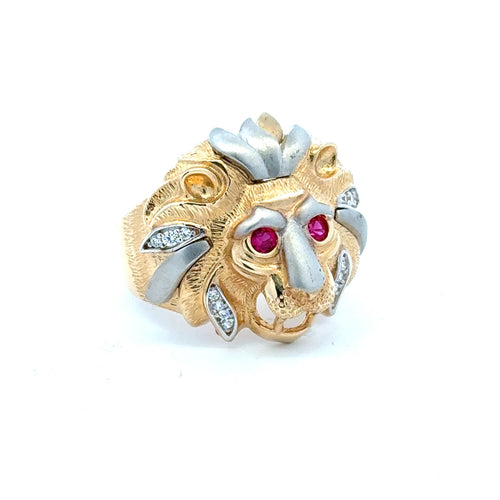 Ring Two Tone Red Eye Lion with CZ 12 5.5mm 10K