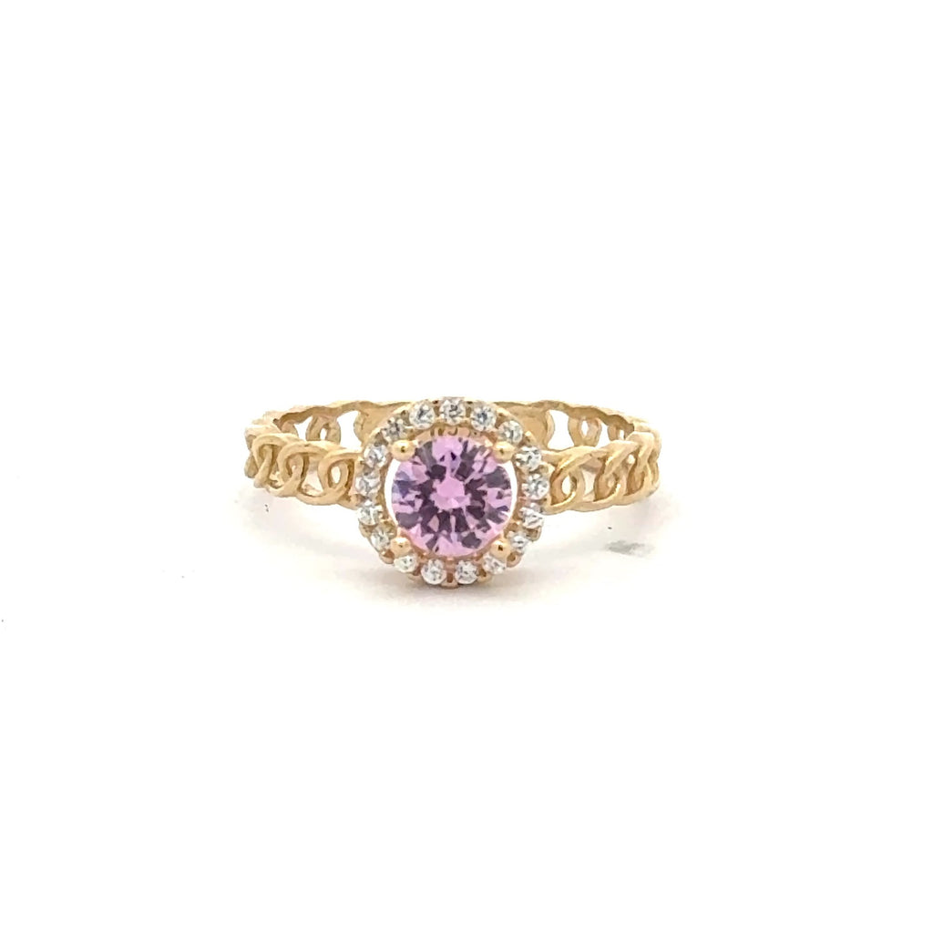 Ring Link Band Rose Round Stone and CZ 7 2.5mm 10K