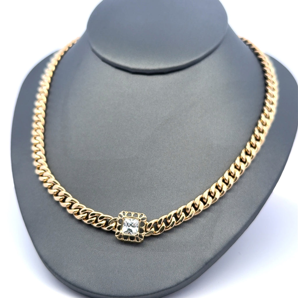 Necklaces Hollow Cuban with White Stone Detail 6mm 18" 10K