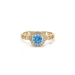 Ring Link Band Sky Blue Round Stone and CZ 7 2.5mm 10K