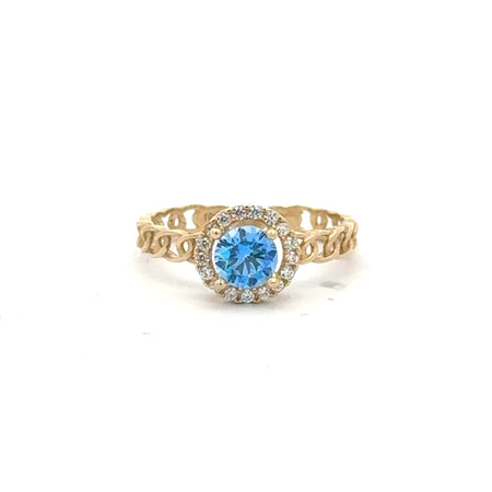 Ring Link Band Sky Blue Round Stone and CZ 7 2.5mm 10K