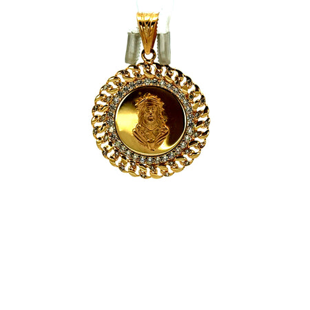 Pendant Two-Tone Openwork Medallion with CZ & Jesus Face 37 10K