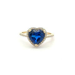 Ring Women Royal Blue Heart Stone and CZ 7 1.5mm 10K