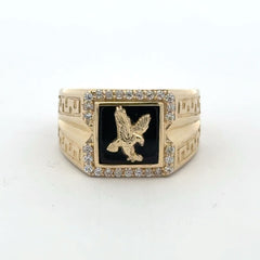Ring Greek Key V-Pattern with Eagle on Onyx & CZ 11 5.5mm 10K