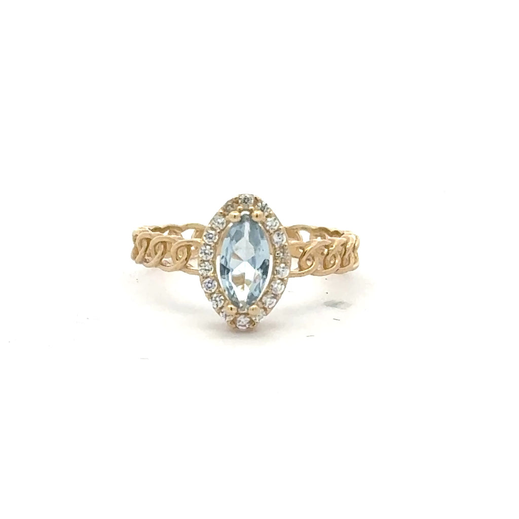 Ring Link Band Sky Blue Cat Eye Stone and CZ 7 2.5mm 10K
