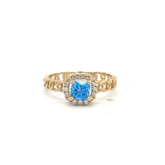 Ring Link Band Sky Blue Square Stone and CZ 7 2.5mm 10K