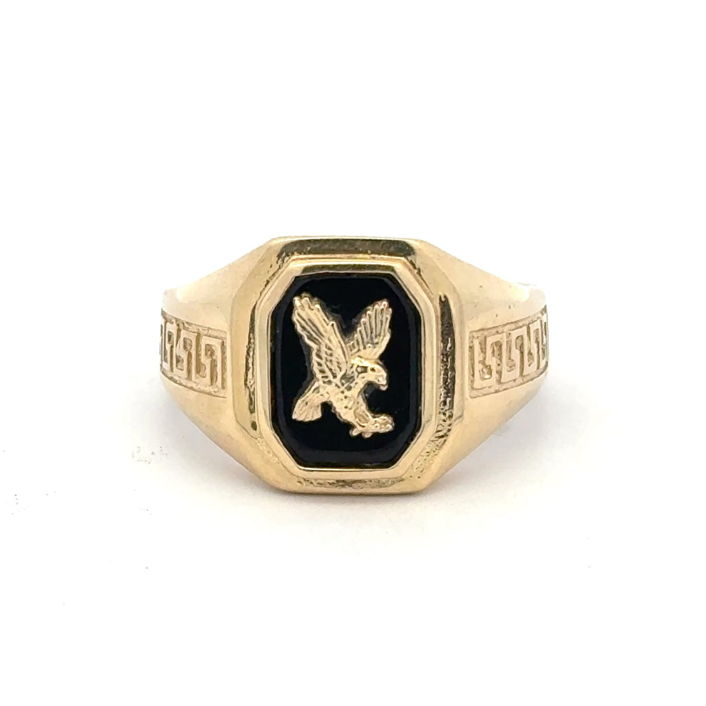 Ring Greek Key and Latin Cross on Onyx 10.5 4mm 10K