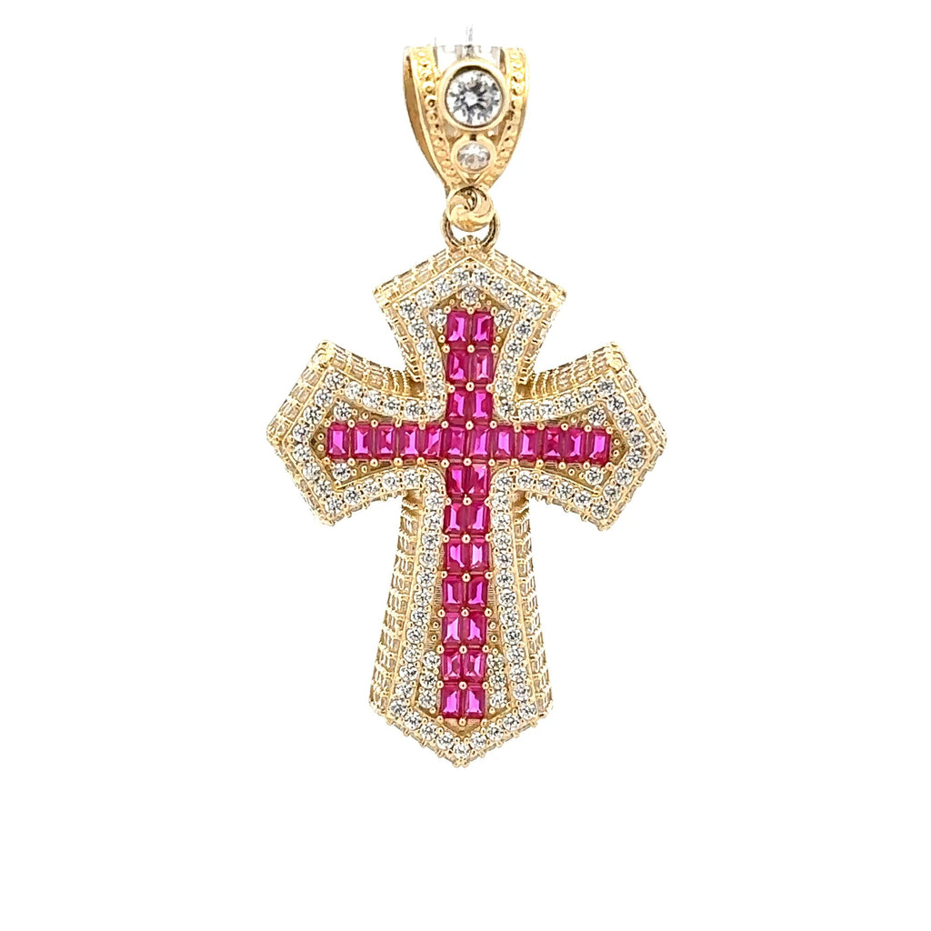 Pendant CZ-Iced Big Pink Pattee Cross 53 10K