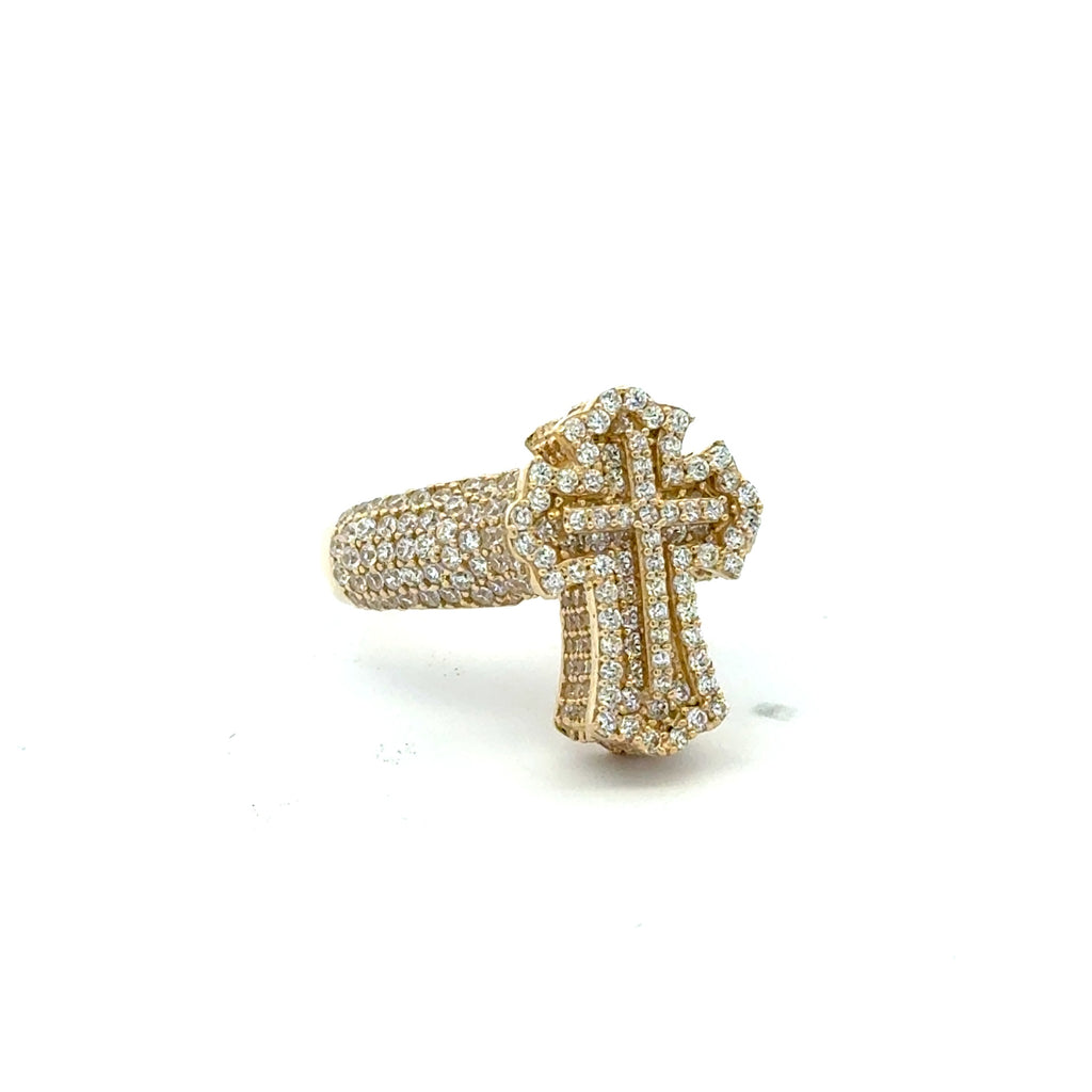 Ring CZ-Iced Embellished Stepped Latin Cross 11 3.5mm 10K