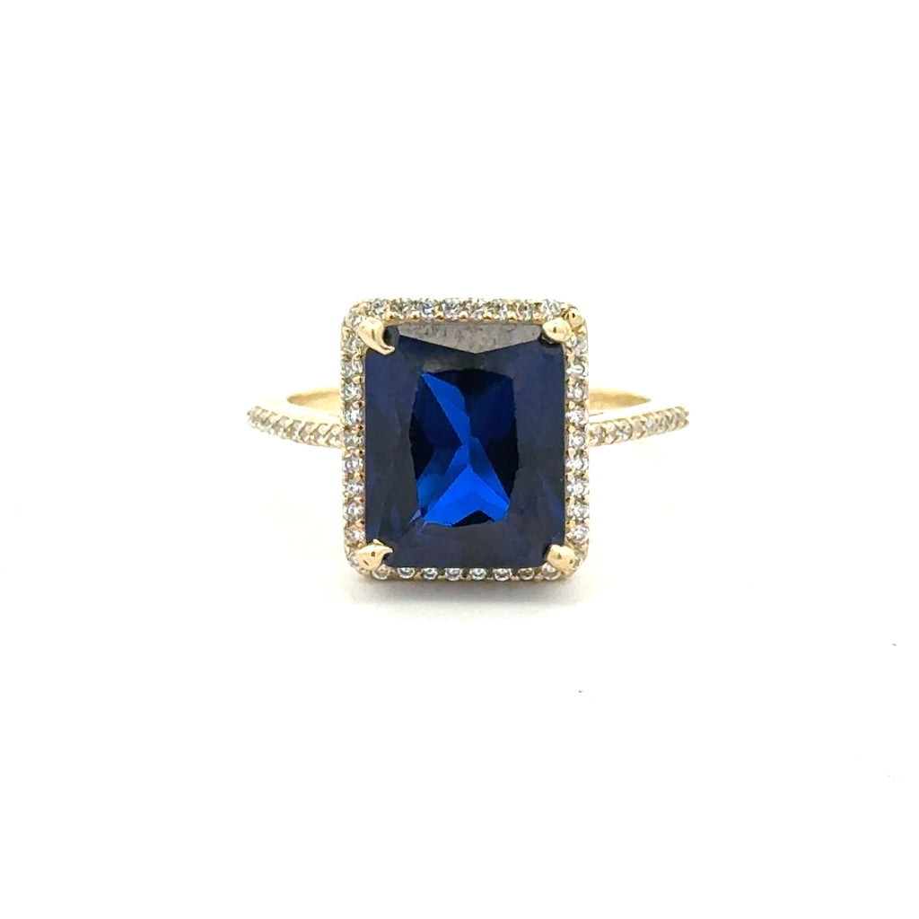 Ring Women Royal Blue Rect Stone and CZ 7 1.5mm 10K