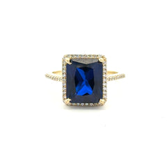 Ring Women Royal Blue Rect Stone and CZ 7 1.5mm 10K
