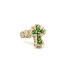 Ring CZ-Iced Embellished Green Stepped Latin Cross 9 3.5mm 10K