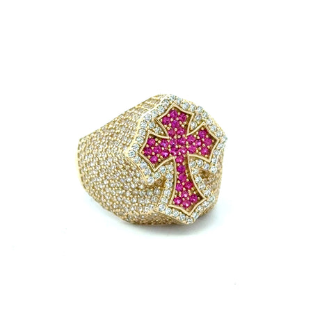 Ring CZ-Iced Pink Pattee Cross 11 4mm 10K