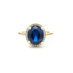 Ring Women Royal Blue Oval Stone and CZ 7 1mm 10K