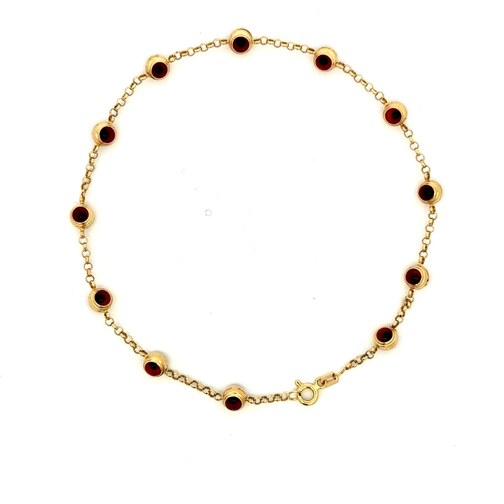 Anklet Rollo with Red Bezel-Set Evil Eye Station 5.5mm 10" 14K