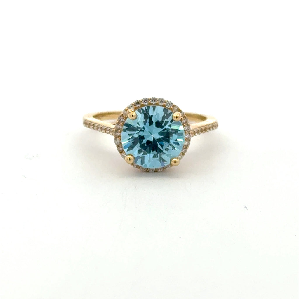 Ring Women Sky Blue Round Stone and CZ 7 1.5mm 10K