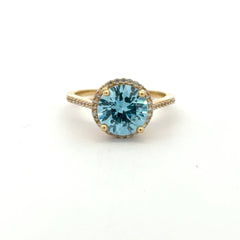 Ring Women Sky Blue Round Stone and CZ 7 1.5mm 10K