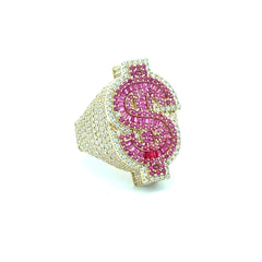 Ring CZ-Iced Big Pink Dollar Sign 8.5 4.5mm 10K